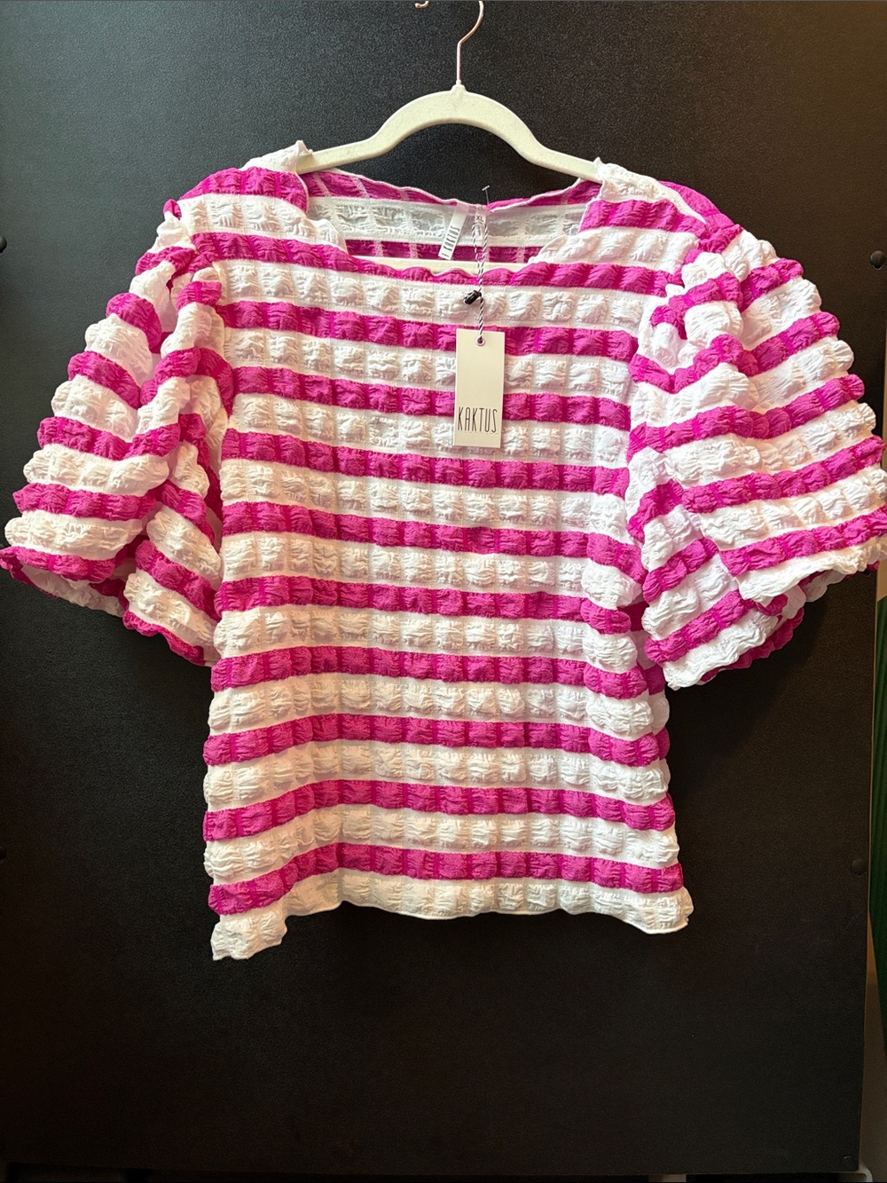 Kaktus Hot Pink and White Textured Striped Puff Sleeve Top